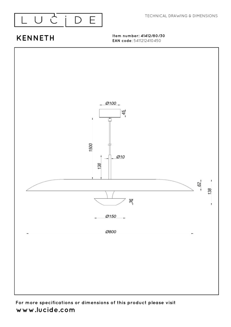 Lucide Premium KENNETH - Pendant light - Ø 80 cm - LED Dim. - 1x22W 2700K - Black